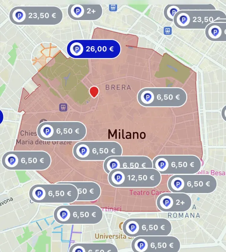Mapa del Area C de Milán en la app Parkito: el perímetro de la Cerchia dei Bastioni y los aparcamientos justo fuera