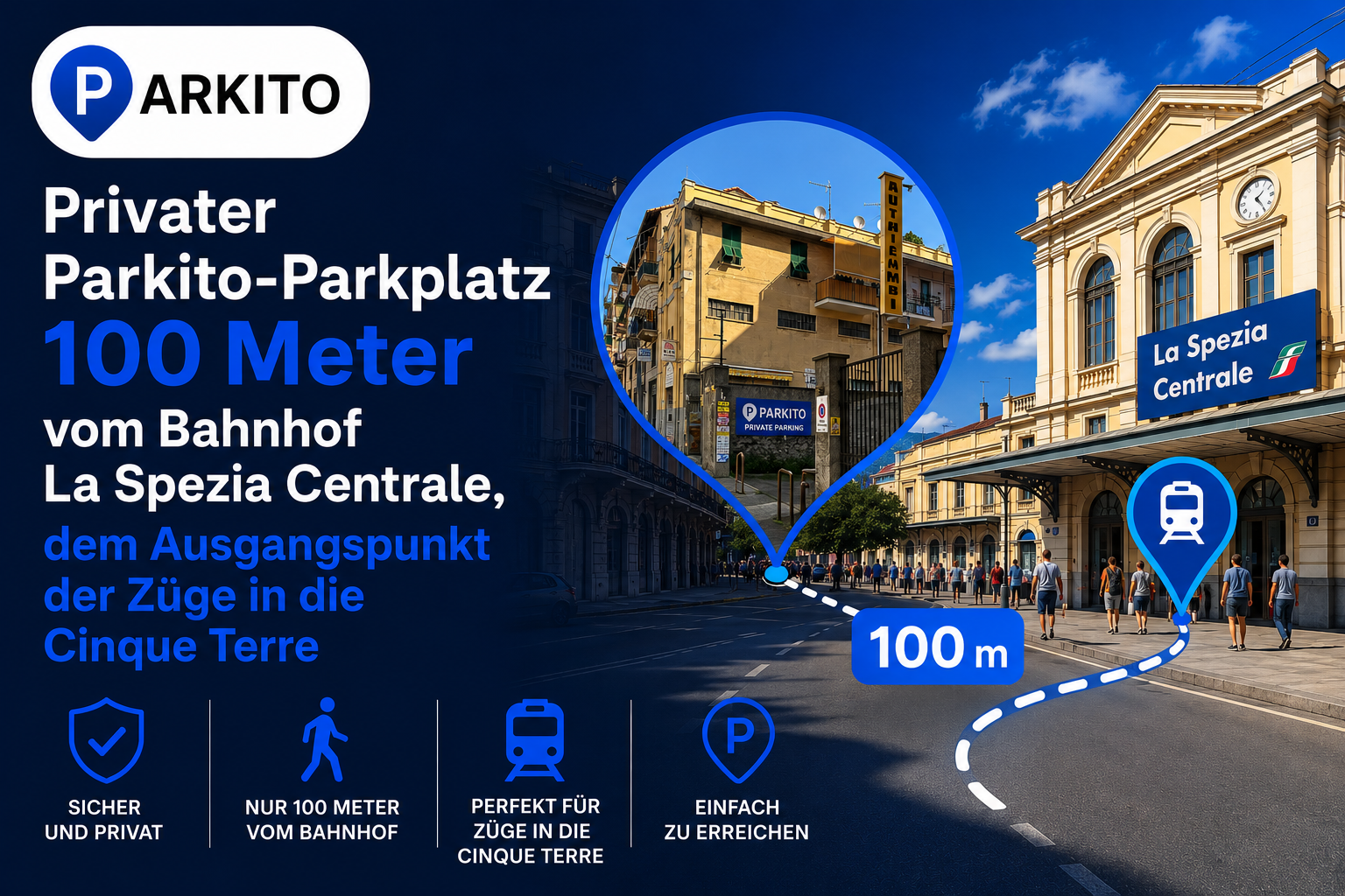 Privater Parkito-Parkplatz 100 Meter vom Bahnhof La Spezia Centrale, dem Ausgangspunkt der Züge in die Cinque Terre