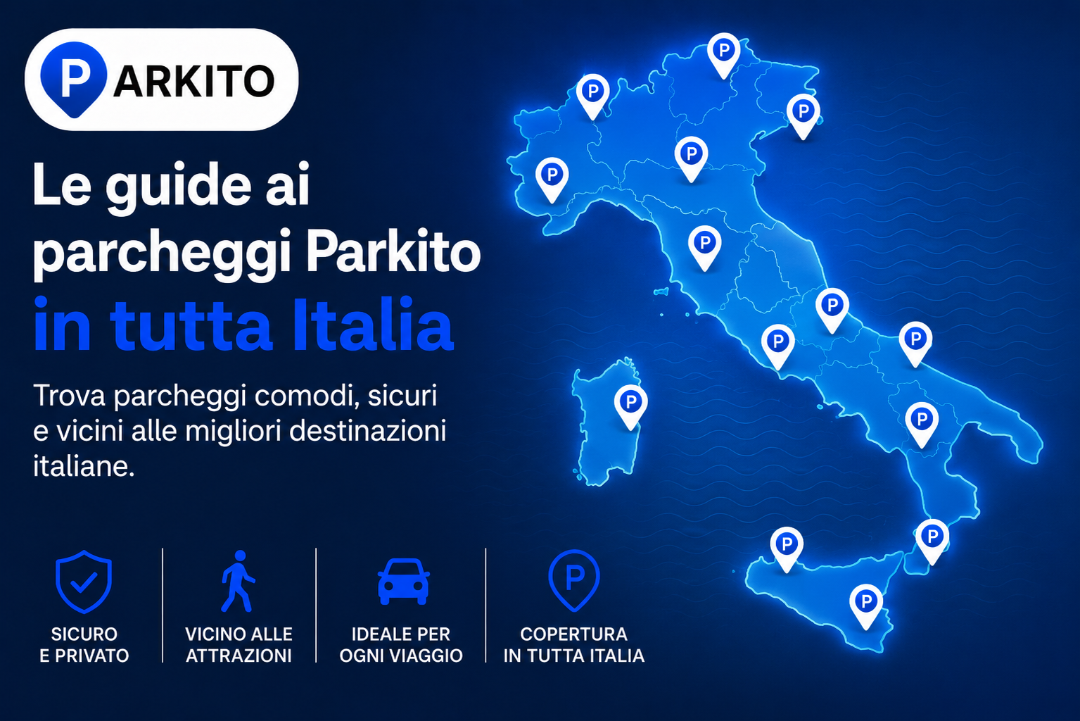Mappa stilizzata dell'Italia con i punti delle città coperte dalle guide ai parcheggi Parkito