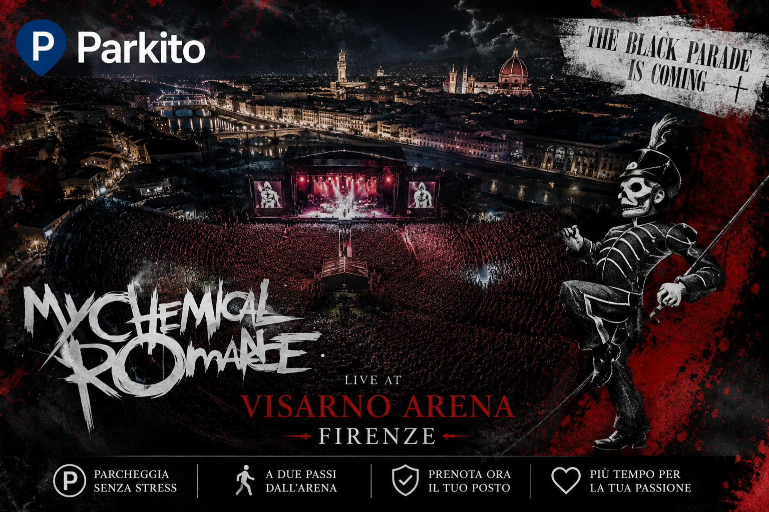 Palco illuminato alla Visarno Arena di Firenze durante un concerto rock notturno con folla in primo piano