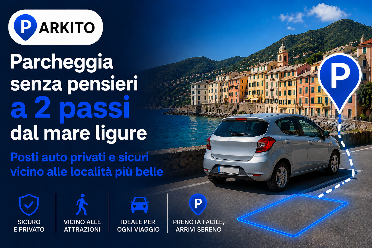 Auto parcheggiata lungo la costa ligure, con il mare e un borgo colorato sullo sfondo