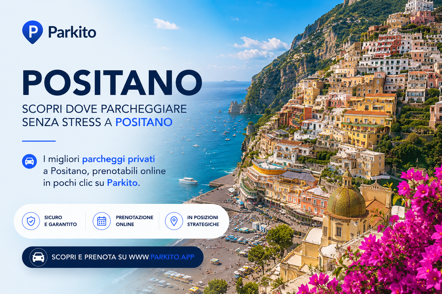 Vista dall'alto di Positano con le case colorate aggrappate alla collina sopra il mare