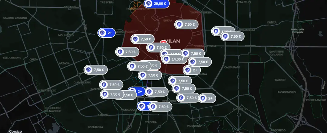 Mappa dei parcheggi Parkito vicino a Milano
