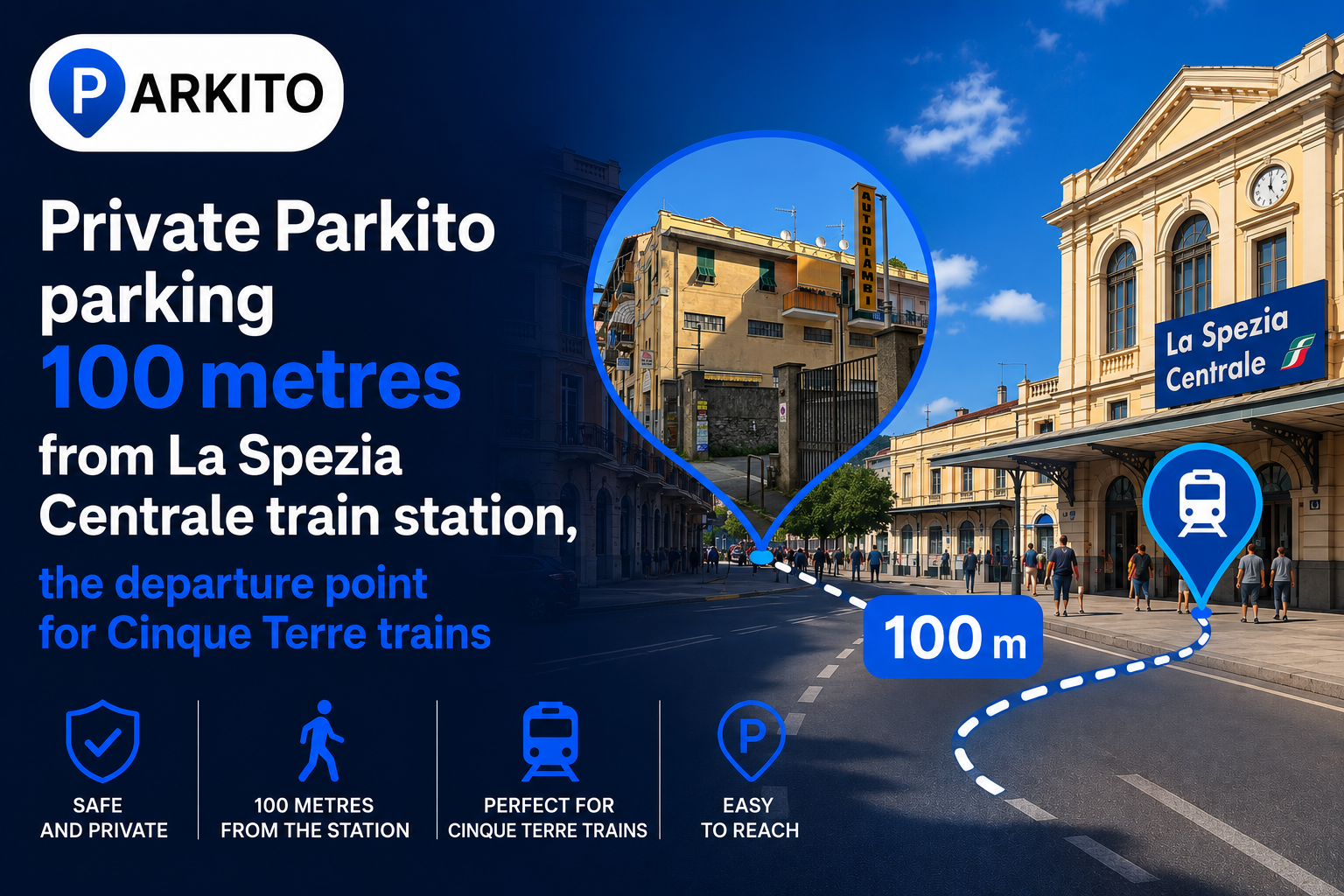 Private Parkito parking 100 metres from La Spezia Centrale train station, the departure point for Cinque Terre trains