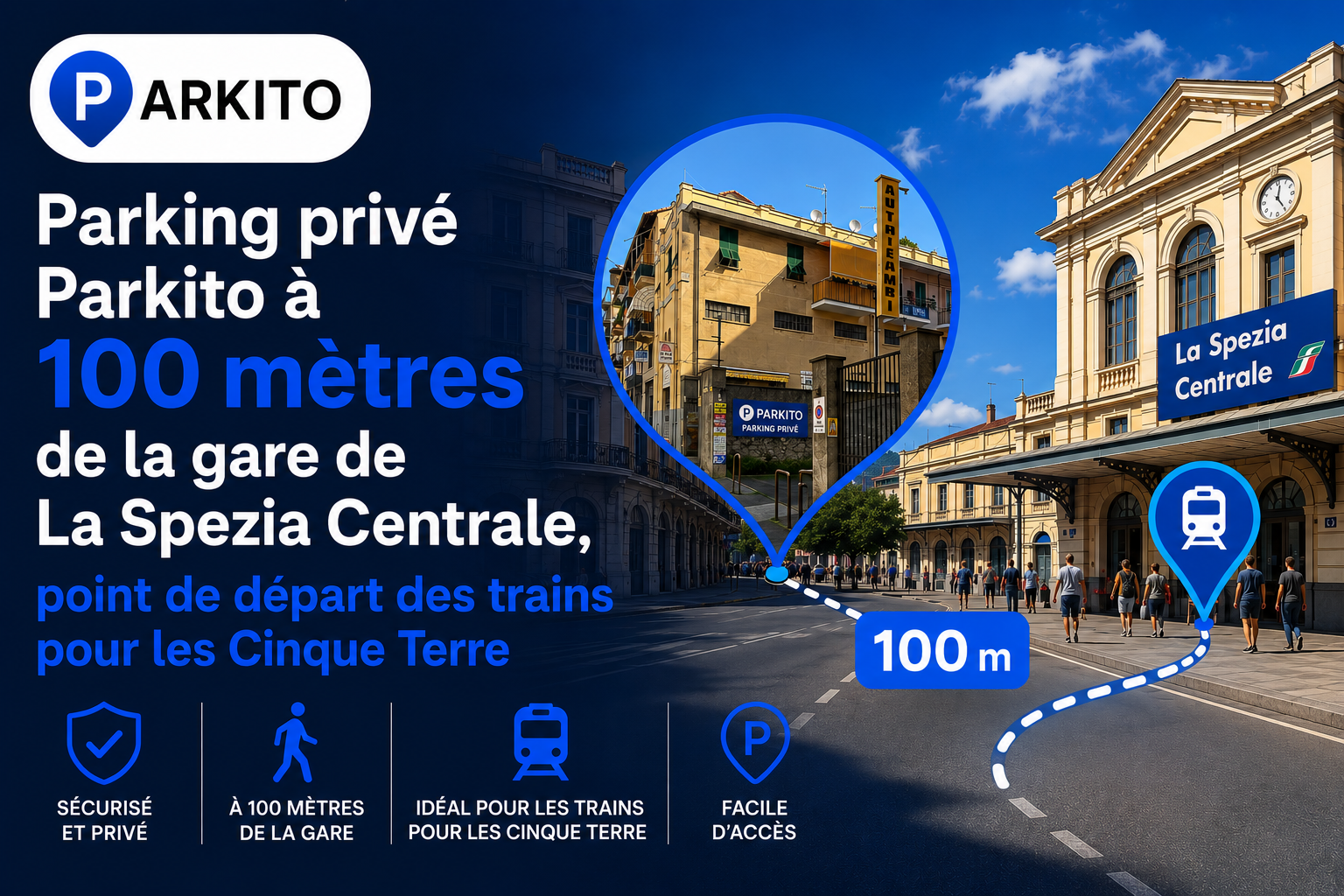Parking privé Parkito à 100 mètres de la gare de La Spezia Centrale, point de départ des trains pour les Cinque Terre