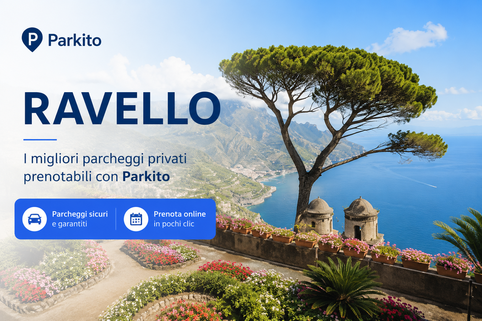 Giardini di Villa Rufolo a Ravello con vista panoramica sul golfo della Costiera Amalfitana