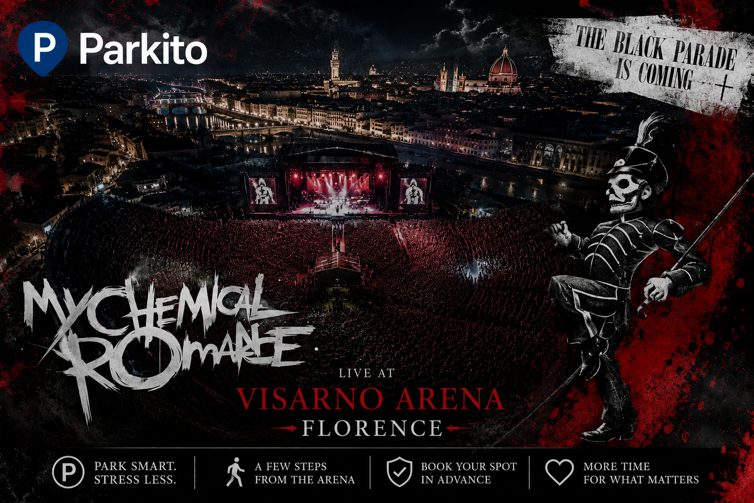 Illuminated stage at Visarno Arena in Florence during a night rock concert with crowd in the foreground