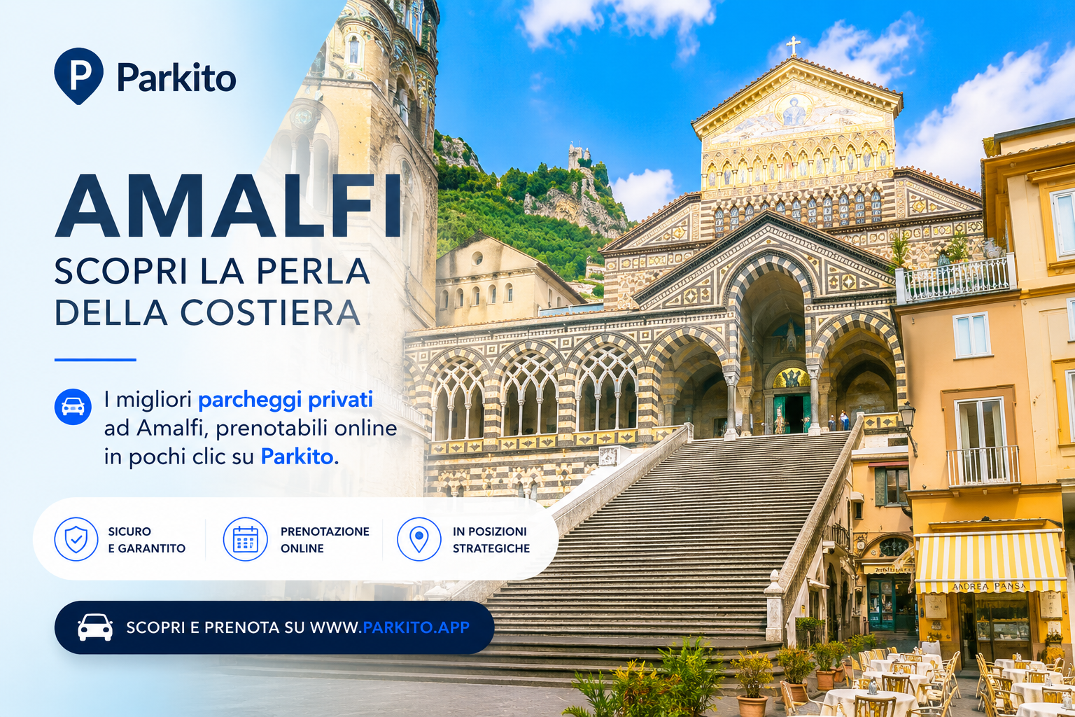 Duomo di Amalfi con la scalinata monumentale e la facciata arabo-normanna in Piazza Duomo
