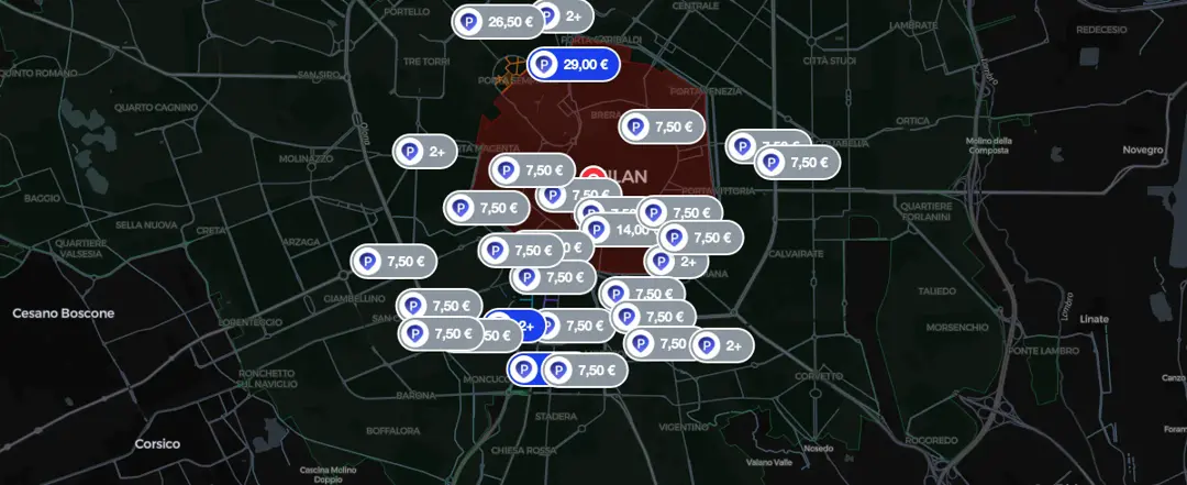 Map of Parkito parkings near Milan