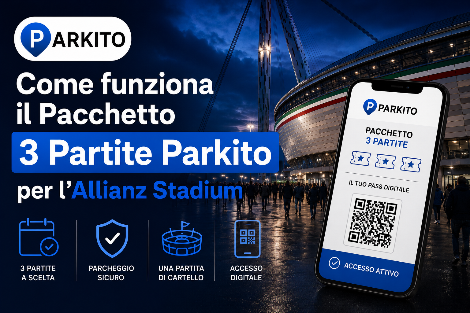 Grafica Parkito sul pacchetto 3 Partite per l'Allianz Stadium con pass digitale, parcheggio sicuro e accesso digitale.